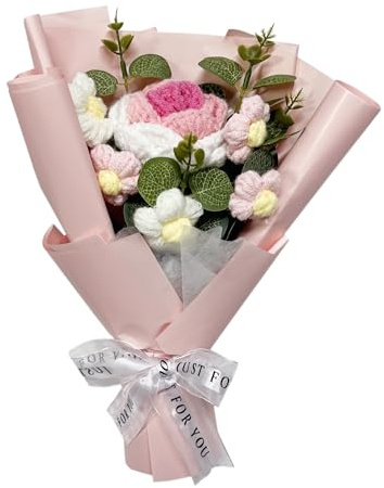 Handmade Crochet Flower Bouquet Knitted Artificial Floral Arrangement in Pink for Valentine’s, Mother’s Day, Home Decoration, Gift Ideas for Women