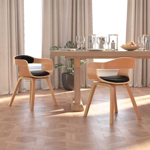 HETFTJN Esszimmerstühle 2er Set Schwarz Kunstleder mit Bugholz Beinen 49x51x70 cm Modernes Design Bequem & Robust für Küche Esszimmer Wohnzimmer