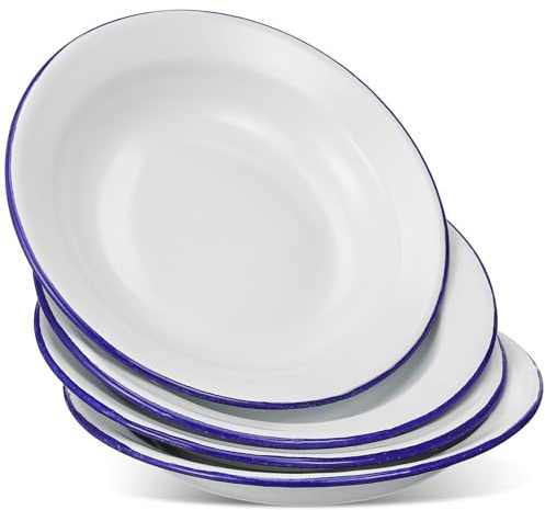 SHINEOFI 4 pièces Assiettes Émail Vintage Blanches Lot de Plates Rétro Émail avec Bord Plat Élégant pour Fruits Desserts et Service à Table à Domicile et Hôtel