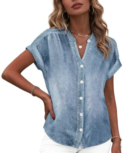 LOZ Women's Casual Denim Shirt V Neck Button Down Short Sleeve Fashion Jean Shirt Tops Loose Spring Summer Shirts Light Blue