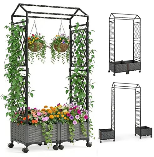 RELAX4LIFE Jardinière Surélevée avec Treillis, Arche Jardin avec 2 Jardinières sur roulettes, Montage Modulable sans Outil, Auto-Arrosage, Trous de Drainage pour Plantes Grimpantes Légume Fleur