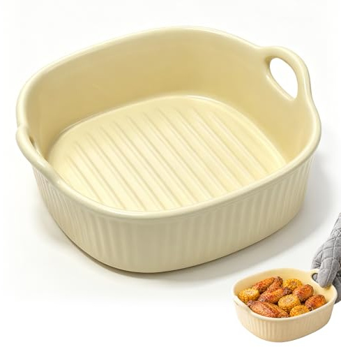 Keramisk ugnsform, ugnsform för varmluftsfritös, keramiska bakformar med handtag, lasagneform, ugnsform, rund ugnsform, keramik för ugn, mikrovågsugn (gul)