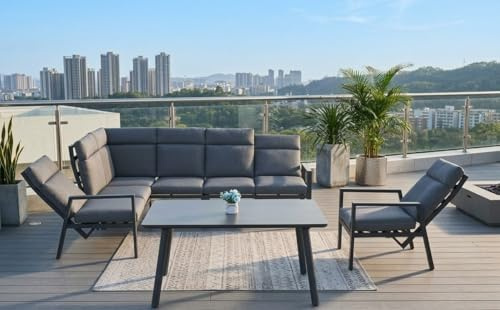 Gardissimo Lugano Dining Eck Lounge Set, Anthrazit | Ecksofa, Esstisch, Sessel & Kissen, Wetterfest bis 8 Personen, Bezüge Waschbar, Aluminium mit Verstellbaren Rückenlehnen