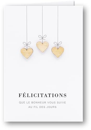 OVELINE Carte Mariage Originale - Premium Made In France - enveloppe incluse - coeurs en bois - Format carnet A6 (Bonheur)