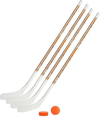 Vancouver Streethockeyschläger-Set Kids 8: 4 Schläger 115cm gerade Kelle & Ball und Puck orange