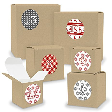 DIY itenga Adventskalender Set V02 zum Selberbefüllen 24 Schachteln Quader und Würfel gemischt BRAUN Kraftkarton + ZahlenSticker (Motiv Z07 Rot Grau Weihnachtsmuster)