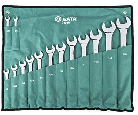 SATA ST09069SJ Ringmaulschlüssel, Gabelringschlüssel, Gabelschlüssel, Schraubenschlüssel Set 3/8/9,525 mm -1.1/4/279,4 mm, Zollgrößen poliert aus CR-V-Stahl in praktischer Roll-Tasche 14 Tlg.