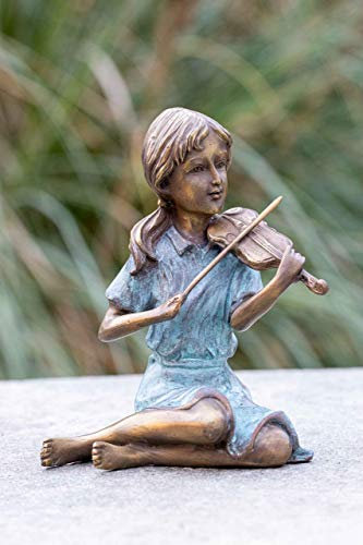 IDYL Bronze-Skulptur Mädchen mit Einer Violine | 15x9x12 cm | Kinderfigur aus Bronze handgefertigt | Gartenskulptur oder Wohnbereich-Dekoration | Hochwertiges Kunsthandwerk | Wetterfest