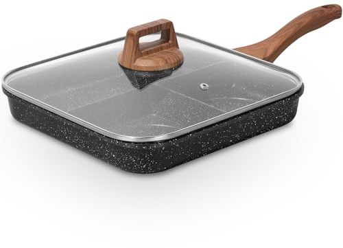 ESLITE LIFE Poêle à griller antiadhésive divisée de 27,9 cm avec couvercle pour la cuisine intérieure, polyvalente 3 en 1, grande poêle à petit-déjeuner à induction pour plaques de cuisson, sans PTFE