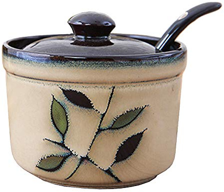 123Arts Ceramic Retro Flower Sugar Bowl Storage Jar Seasoning Pot with Lid And Spoon