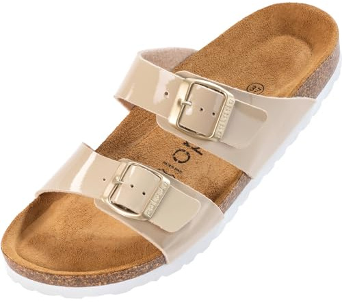 Palado Mules Samos pour femme - Élégantes - Fabriquées en Espagne - Chaussons confortables avec semelle en liège amortissant - Chaussures d'été tendance, Laqué beige., 41 EU