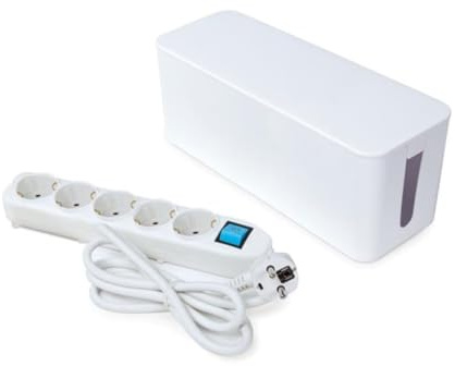 Perel Steckdosenleiste mit Schalter und Kabelbox, 5 Schuko-Steckdosen mit Kindersicherung, 1,5 m Verlängerungskabel, 3500 W Mehrfachsteckdose mit Kabelmanagement, Kabelorganizer für Büro und Zuhause