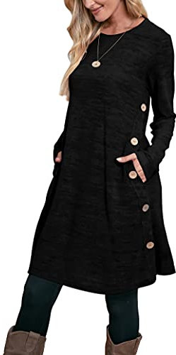 Aokosor Jumper Dress for Women Long Sleeve Dress Ladies Button Tunic Dress with Pockets Black Size 18-20