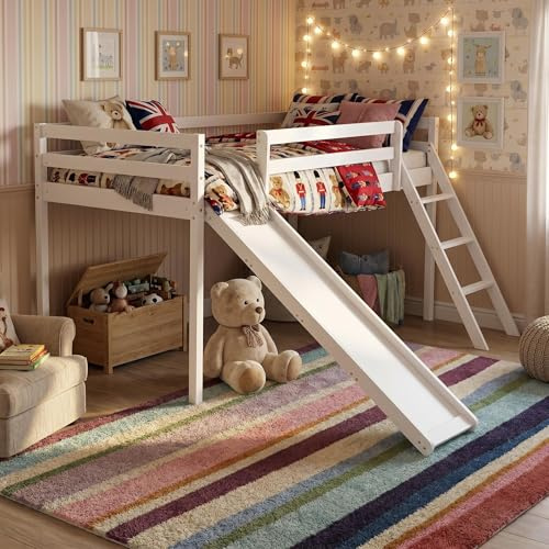 Panana Loft Bunk Bed with Slide, 3FT Single Bed Frame Wood cabin Bed for Kids (White, 02 Type)