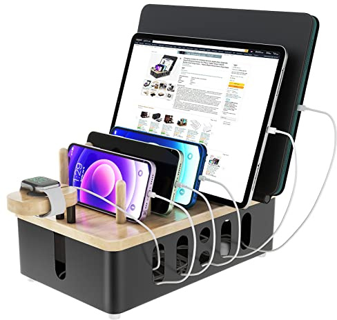 Metal Charging Station for Multiple Devices,New Upgrade Wood Charging Station for Phone Tablet Smart Watch Holder Desk Organizers，Matte Black Dock Device Organizer