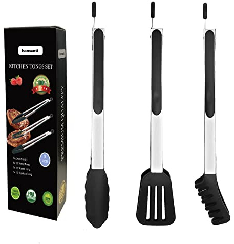3-i-1 silikon kök matlagningstång set, rostfritt stål non-stick mattång med BPA-fri silikonspetsar för servering spagetti biff pizza sallad grönsak frukt grillning BBQ bakning buffé - (23 cm, svart)