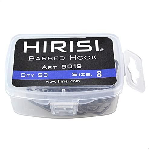 Hirisi 8019 Angelhaken Größe 8 mit Widerhaken Karpfenhaken mit Öse zum Karpfenangeln, Kohlenstoffstahl, Boiliehaken Ansitzangeln, Verschiedene Größen, 1er Pack (50 Stück)