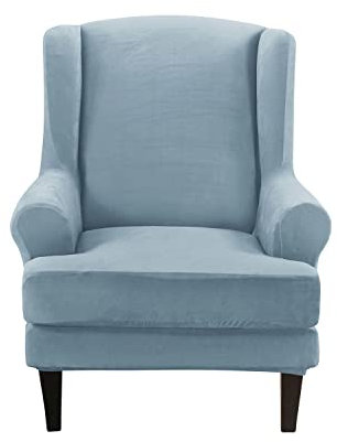 YOPOIY 2 Pieces Velvet Wingback Chair Cover, Soft Stylish Sofa Cover Universal Washable Wingback Armchair Slipcover with Cushion Cover for Living Room-light blue