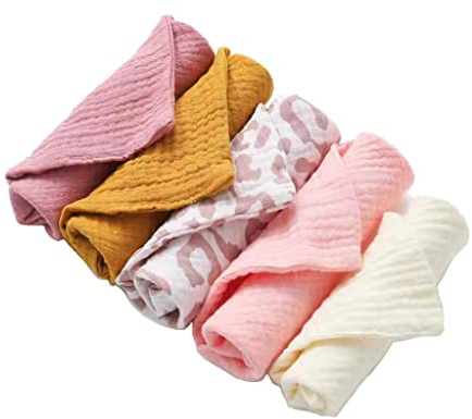 Reoyloep Muslin Wipes per il bambino, 5-Pack Muslin Squares 23x23cm/9.06 x9.06 Baby Burp Panno di Cotone Salviette per il viso Super Soft
