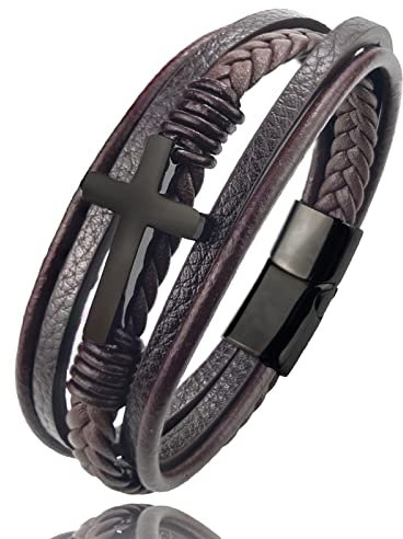 LIRU Armband Männer,Armbänder Für Männer Gläubiger Kreuz Geflochtenes Lederarmband Schwarz Modeaccessoires Schnalle Braunes Lederarmband Charm Schmuck Für Frauen Männer Geschenk 20 5 cm