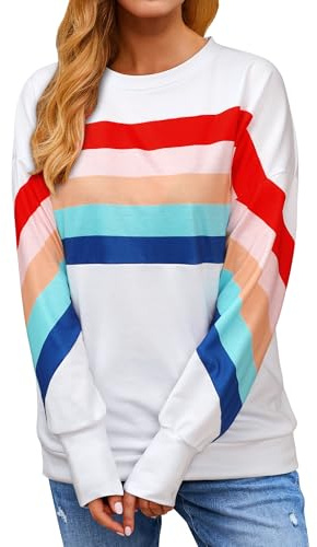 Dresswel damer regnbåge sweatshirt randig tröja tröja tröja färgblock långärmad skjorta blus eleganta toppar, Vit, S