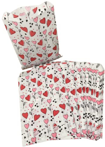 Geschenktüten Papier Weiß Herzen Rosa Rot Flachbeutel (50 Stück 12×19cm) | Papiertüten, romantisches Design, stabile Struktur, Geschenkverpackung, Hochzeit, Partybedarf, Valentinstag, Geschenktaschen