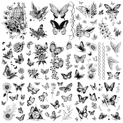 Temporäre Tattoos für Frauen, Erwachsene, Damen und Mädchen | Kleine Schwarze Schmetterling Klebetattoos zum Aufkleben, 3D Realistisch Fake Aufkleber mit Schmetterling und Blumen
