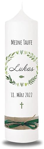 VILLA ROSA LOTTA - Personalisierbare Taufkerze Kommunionkerze Lukas mit Wunschdaten und Rückseite I Blumen Kranz Motiv I 25 cm x 7 cm I Taufkerzen für Jungen und Mädchen I Farbe elfenbein weiß