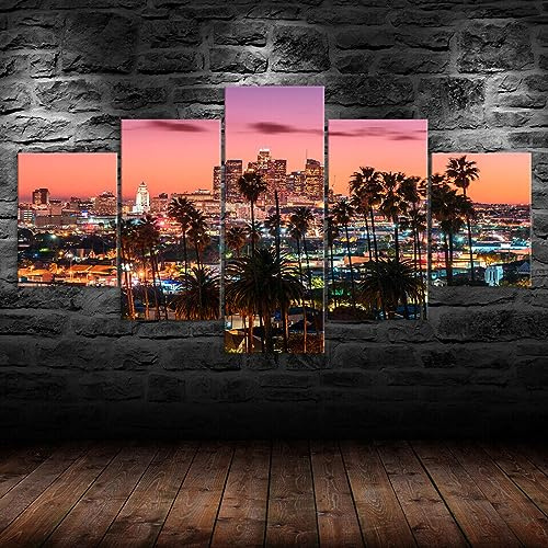 WAGYU 5 teilige leinwandbilder Los Angeles Skyline City Nacht Kunstdrucke 5 Teilig Vlies Leinwandbild,Wandkunst 5 stück Leinwand Bilder,Wohnzimmer Wand Dekoration,mit rahmen xxl bilder 200x100cm