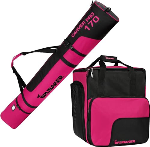 BRUBAKER Ski Kombi Set - Carver PRO - Skisack und Skischuhtasche für 1 Paar Ski 170 cm + Stöcke + Schuhe + Helm - Rucksack Taschen Set für Skifahrer - Schwarz Pink