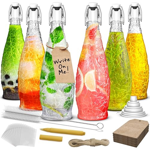 Nevlers 33 Oz Textured Swing Top Glass Bottles with Stoppers 6 Pack | Teardrop Flip Top Glass Bottle with Stopper, Funnel, Shrink Wrap, Brush, Marker & Tags | Water, Juice, Liquor & Kombucha Bottles