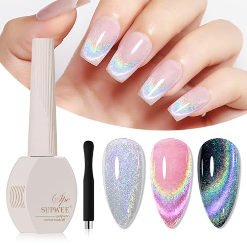 SUPWEE Cat Eye UV Gel, Holographic Regenbogen Cat Magnet Nagellack | Universal Rainbow Magnetisch Gellack Katzenmagnet-Gel mit Magnetstift 15ml