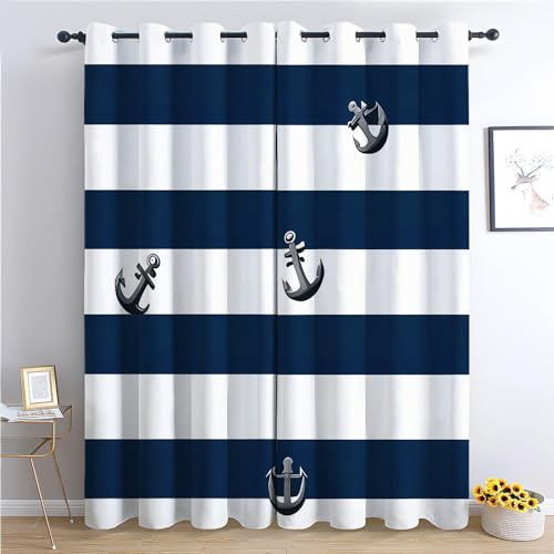 Vorhang Blickdicht Blau Gestreifter Anker H175 x B140 cm Verdunklungsvorhänge mit Ösen Gardinen Abdunkelnd Thermovorhang, für Schlafzimmer Wohnzimmer Vorhänge, 2 Stücke