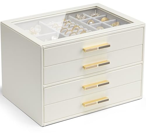 Vlando Schmuckschatulle mit 4 Schichten für Damen, Glasdeckel, Schmuck-Organizer mit 4 Schubladen für Halsketten, Ringe, Ohrringe, Armbänder, Wolkenweiß