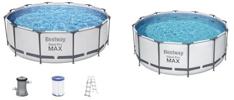 Bestway Steel Pro MAX Frame Pool-Set mit Filterpumpe Ø 366 x 100 cm, lichtgrau, rund & Flowclear™ Solarabdeckplane, Ø 356 cm, für runde 366 cm und 396 cm Aufstellpools, blau