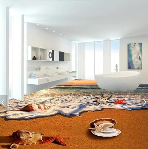 Maßgeschneiderte Bodenwandmalerei Strand Wasser Muschel 3D-Boden Badezimmer Küche Boden Balkon PVC-Tapetenwandbild, 200 cm x 140 cm