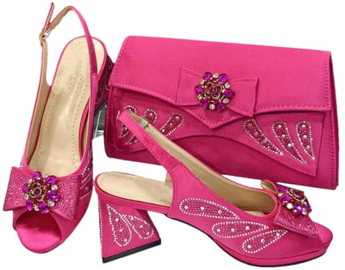 Scarpe da donna per festa Peep Toe colore fucsia fiocco strass pompe tacchi alti e borse set, Fucsia, 39 EU