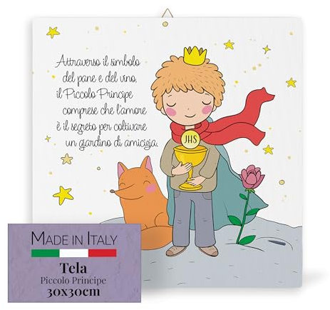 Fratelli Bonella – Lienzo de 30 x 30 cm con diseño de pequeño príncipe con zorro y cáliz, para primera comunión, lienzo para niños para cumpleaños y fiestas – Tela de 30 x 30 cm fabricada en Italia