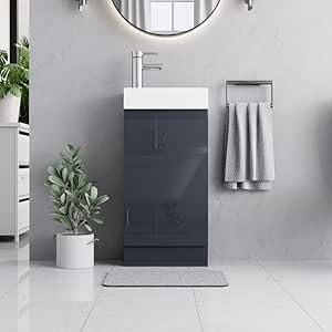 BELOFAY 400mm Grey Under Sink Bathroom Cabinet Floor Standing Basin vanity Unit, Laquered Cloakroom vanity unit with ceramic basin, Trap and Waste, Tap not included (Denvor grey)