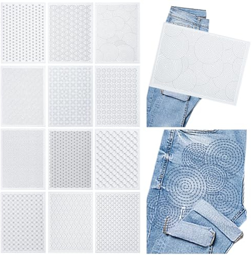 FREEBLOSS 12 Stück Sashiko Stickmuster Wasserlösliche Stickübertragungsmuster Schablonen Stick Und Stichstickpapier Sashiko Vorlage Zum Nähen Handquilten Und Sticken 29.7 × 21cm
