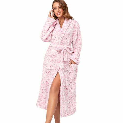RONGTAI Badrock för kvinnor fleece plysch varma långa morgonrockar, Rosa leopard, S