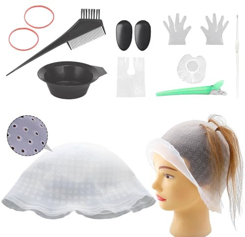 DBAILY Strähnchenhaube, 12 Stück Haarfärbeset, Strähnenhaube mit Bereits Gestanzten Löchern, Wiederverwendbar Stränchen Haube Mit Bürstenkamm, Haartönungsschale, Färbebürste, Ohrabdeckung, Haarspangen