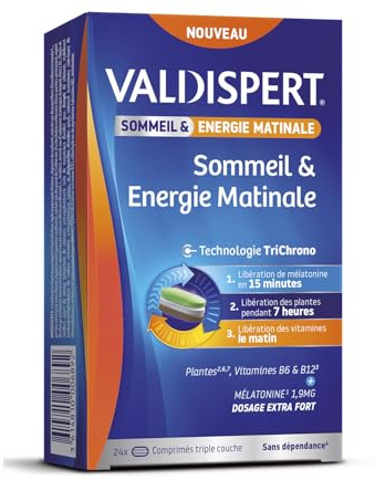 VALDISPERT - Sommeil & Energie Matinale - Complément alimentaire tricouches - Mélatonine 1,9mg, Plantes, Vitamines B6 et B12 - Vegan - Sans gluten, sans lactose - 24 comprimés