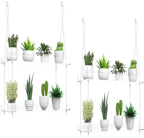 ZerzSemp Transparente Pflanzenregale zum Aufhängen, 40,6 cm pro Ebene, 2 Stück | Acryl-Fenster-Wand-Pflanzenständer für Küche, Innengärten, Blumen, Kräuter, Sämling-Organisation und Töpfe.