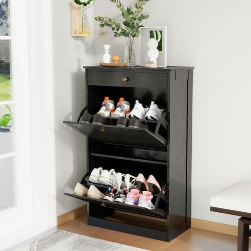 FTZxHKLX Shoe Cabinet with 2 Flip Drawers, Slim Freestanding Hidden Shoe Organizer with Drawer, Pet-Proof Shoe Storage Cabinet for Entryway Living Room Behind The Door, Black