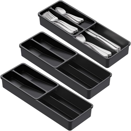 Lifewit Abnehmbarer Besteckkasten für Schubladen, 14,5 x 42 cm, 4 Fächer Kompakter Besteckkorb Besteckhalter Besteckschublade, Besteck Organizer für Löffel/Gabeln/Messer, Schwarz, 2 Stück