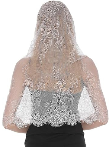 OHYER schleier brautschleier fascinator black veil schwarzer schleier halloween Damen Mantilla Schleier Spitze Kapelle Schal Stola christliches kopftuch Hohler Umschlagtuch Fransen (Weiße)