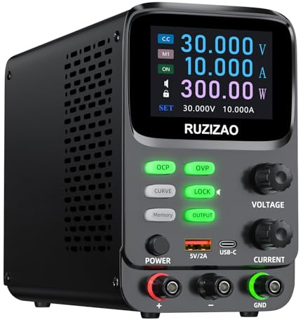 RUZIZAO Fuente de Alimentación de Laboratorio Con Pantalla de Doble Curva 30V10A, Pantalla LCD Con Indicación de la Corriente en Miliamperios, Con Funciones de (OCP) y (OVP)