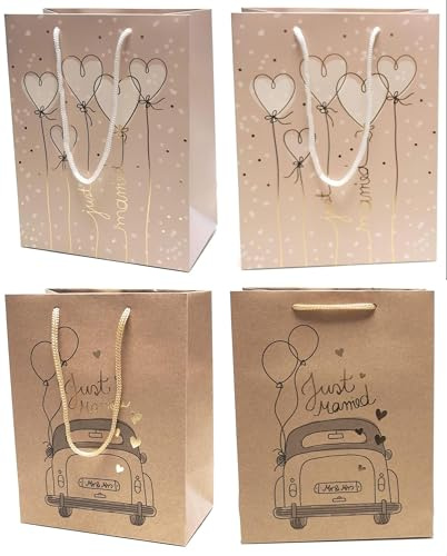4 Stück Geschenktaschen á 23x18x10 cm Just Married 2-fach sortiert Geschenktüte Papiertüte [TN42-45]