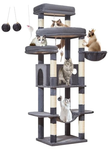 Taoqimiao 180cm Kratzbaum XXL, Stabil, Groß, Katzenbaum für Katzen, MS034G | 9 Kratzsäulen, Große Stabile Standfläche, Mehrstöckig, Mehrkatzen, Katzenhaus, Große Plattform, Hängematte, Korb, Rauchgrau